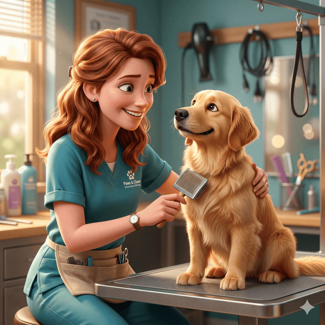 A veterinary technician brushing a happy golden retriever