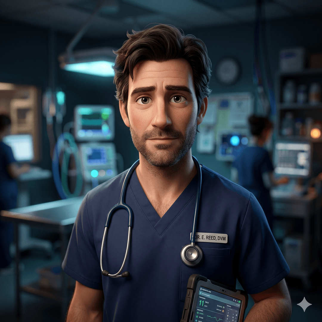 An emergency veterinarian in a dim trauma bay