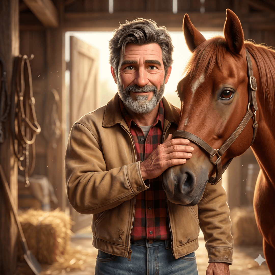 An equine veterinarian with a horse in a sunlit barn
