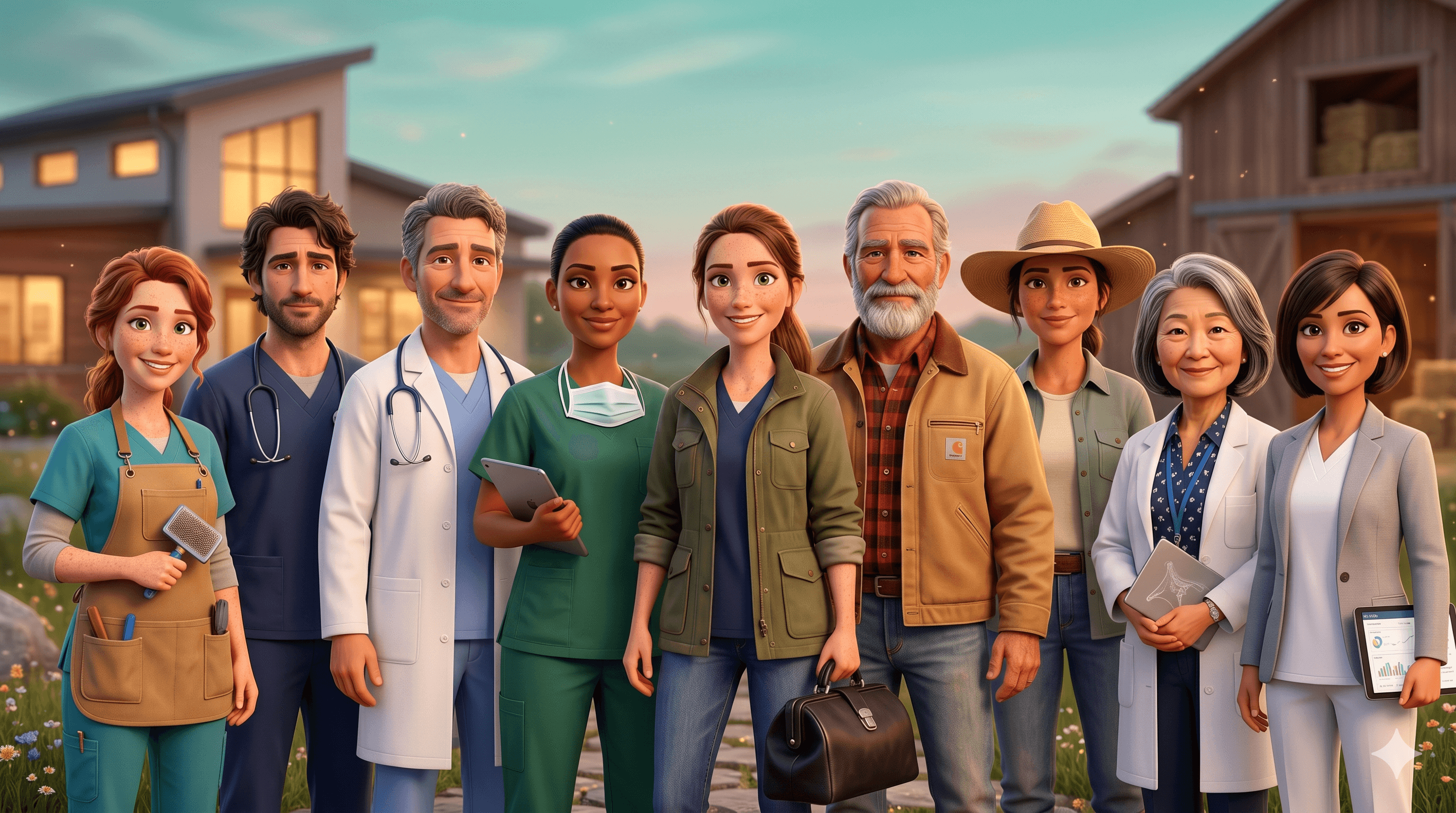 The RosaVet family — DVMs, vet techs, groomers, equine vets, farm vets, mobile vets, specialists, and practice managers