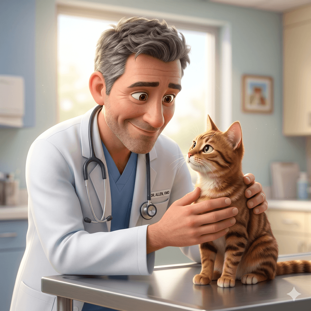 A family general practice veterinarian with a tabby cat