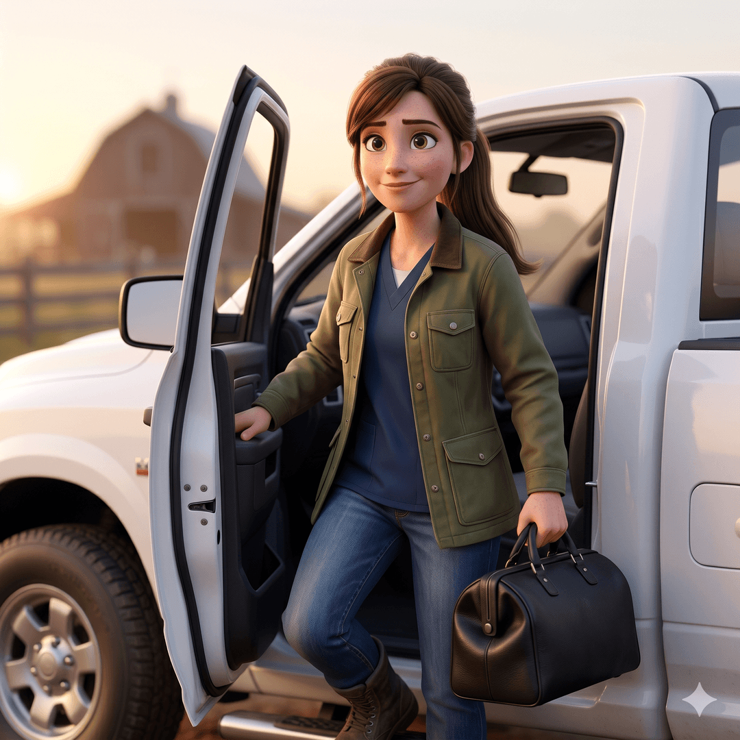 A mobile veterinarian stepping out of a pickup truck