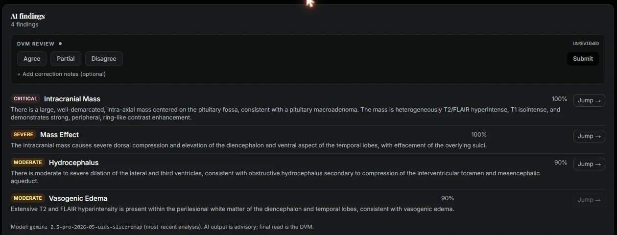 RosaVet AI findings panel for an MRI study, listing a critical intracranial mass at 100 percent confidence plus mass effect, hydrocephalus and vasogenic edema, above Agree, Partial and Disagree review buttons.