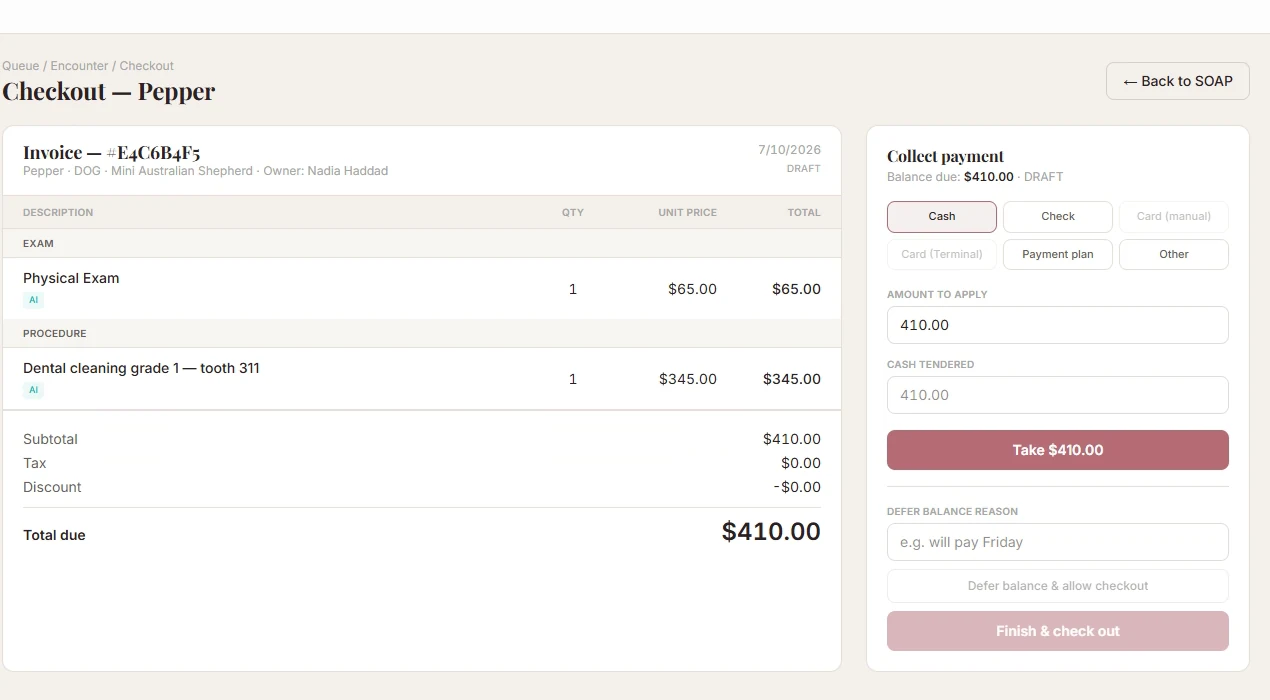 RosaVet checkout screen showing an invoice for Pepper with a physical exam at $65 and a grade 1 dental cleaning on tooth 311 at $345, totalling $410, beside a collect-payment panel.