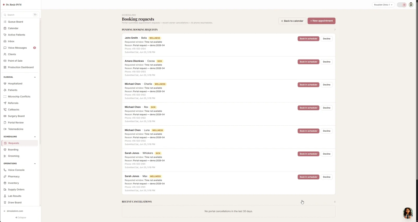 RosaVet booking requests page listing seven pending portal requests, each with the client, pet, a wellness or sick tag, a phone number and Book in scheduler and Decline buttons.