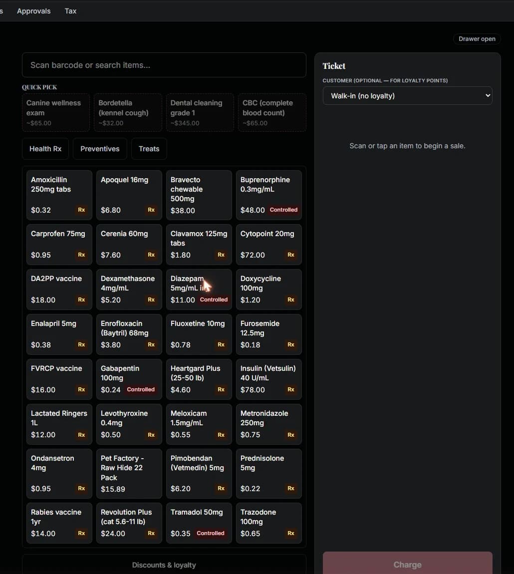 RosaVet point-of-sale register showing quick-pick visit types above a priced drug formulary grid, with Rx and Controlled badges on individual items and a ticket panel to the right.