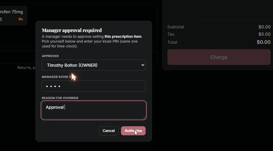 RosaVet point-of-sale dialog reading “Manager approval required”, with an approver dropdown, a manager kiosk PIN field, a reason-for-override box, and Cancel and Authorise buttons.