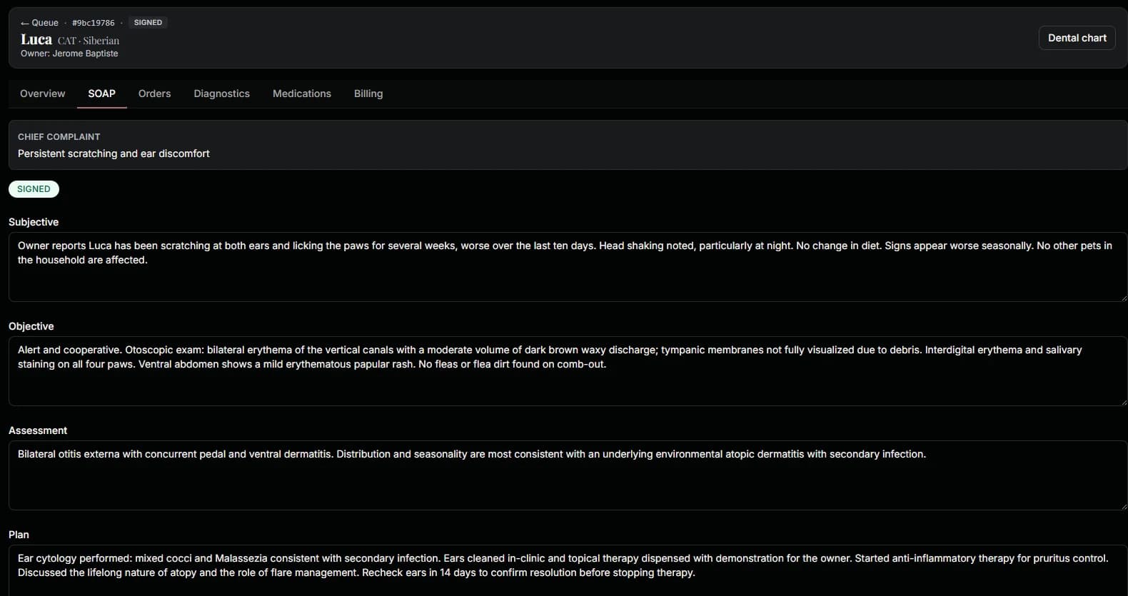 RosaVet encounter screen showing Luca's signed SOAP note, with chief complaint, subjective, objective, assessment and plan sections filled in.